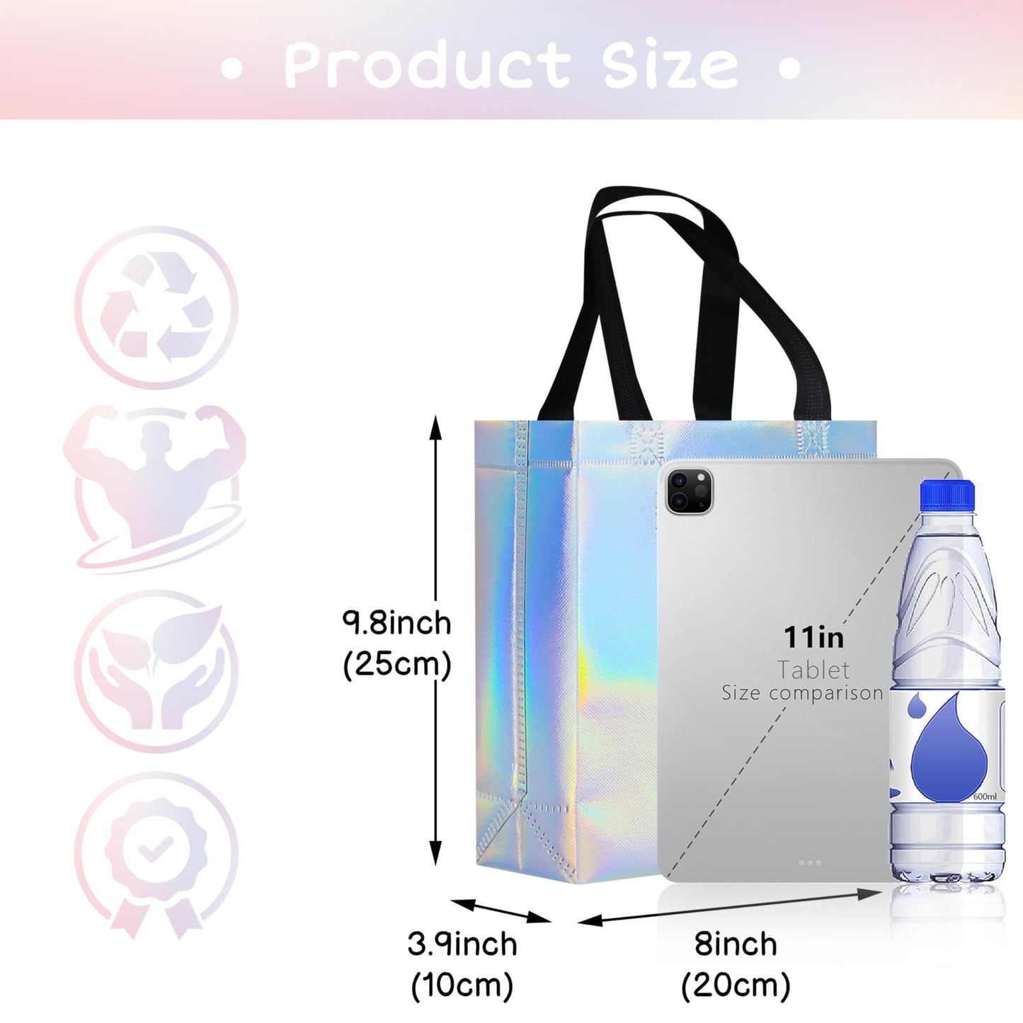 cabzymx 18 Pcs Glossy Iridescent Small Gift Bags Bulk, 8x3.9x9.8 In Non-woven Party Bags for Present with Sturdy Bases for Birthday, Wedding, Easter, Party, Holiday
