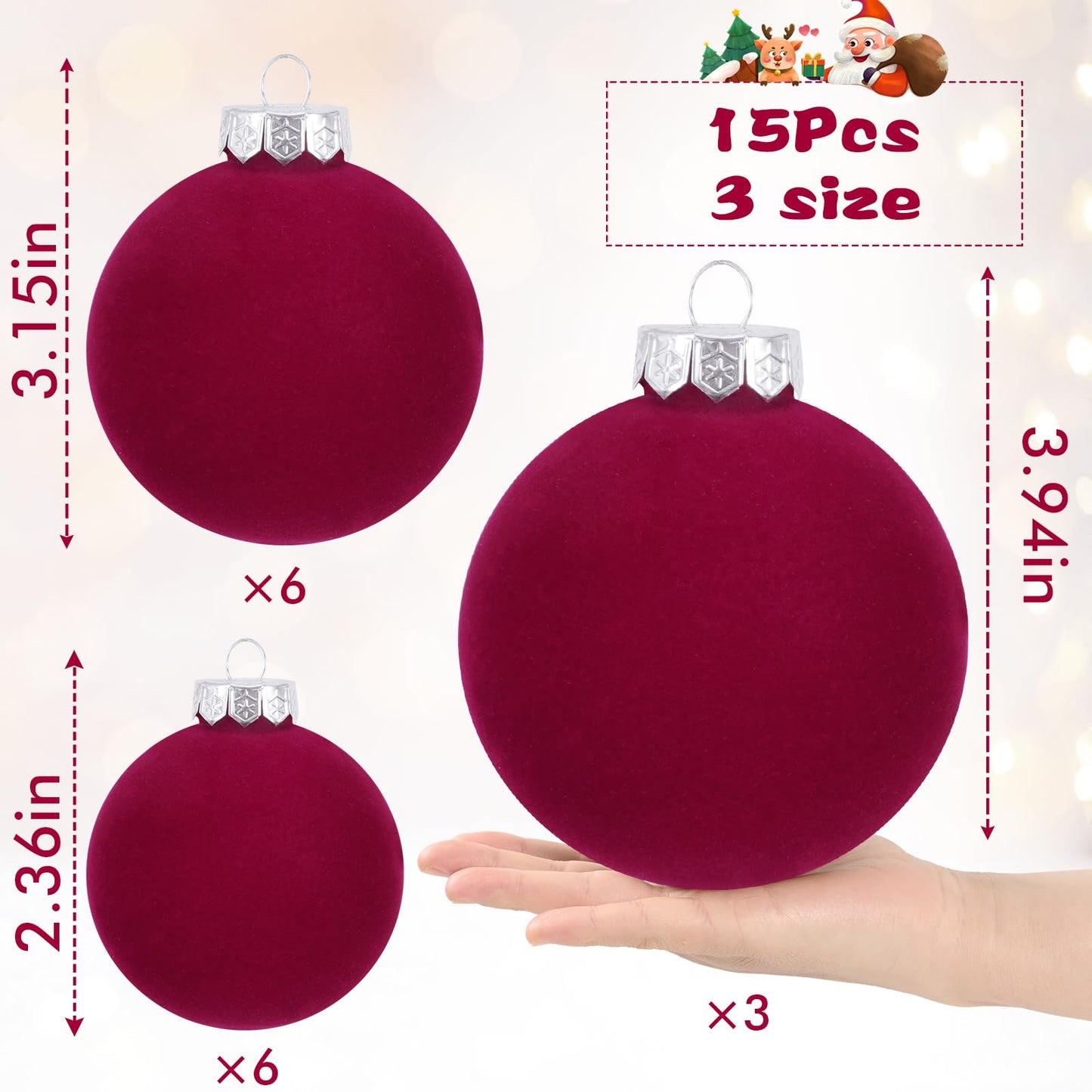15 Pcs(3.9 In/100 mm) Velvet Christmas Ornaments Balls Set, Brown Red Neutral Christmas Tree Ornaments, Flocked Xmas Tree Balls for Xmas Holiday Party Decorations