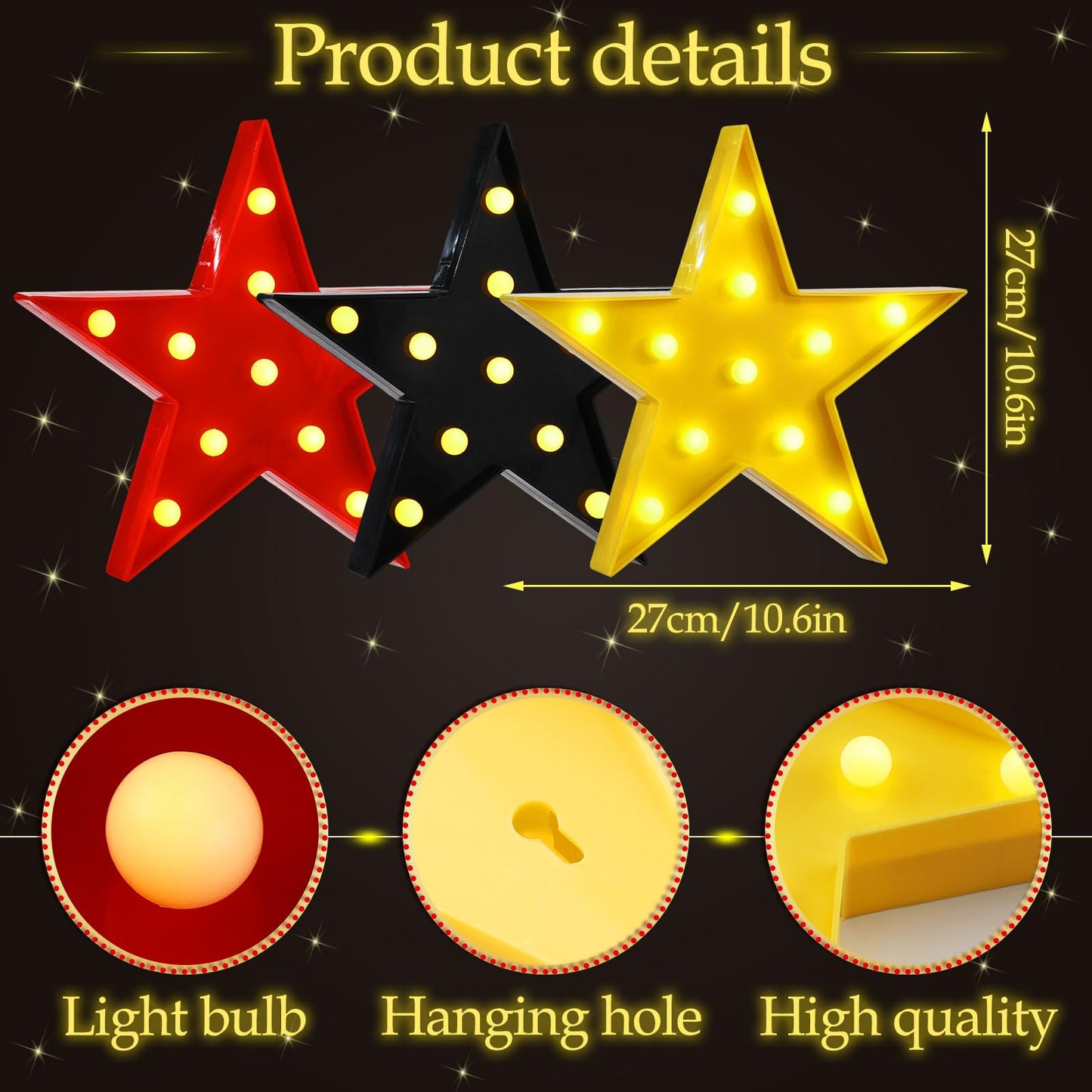 VIHOSE 3 Pcs Marquee Star Lights LED Star Signs Light up Movie Theater Decor Battery Operated Night Light for Gifts Birthday Party Home Movie Decor(Red,Black,Warm)
