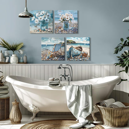 Bathroom Decor Beach Wall Art Ocean Theme Blue Picture Canvas Print Modern Coastal Artwork Framed Hanging Dining Office Living Room