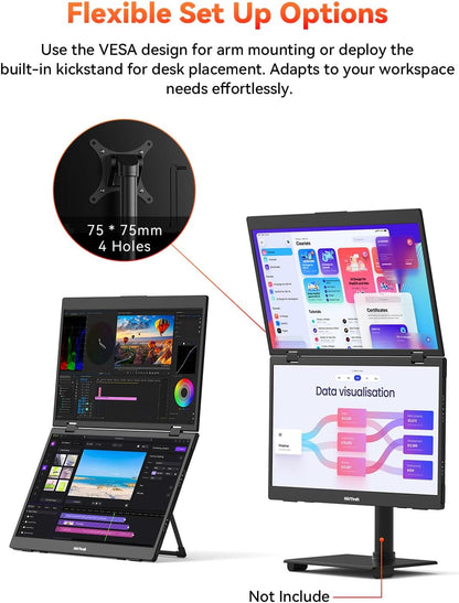 HotYeah Triple Laptop Screen Extender, 15.6" 1080P FHD IPS Folding Stacked Portable Dual Monitor, USB C Travel Extended Computer Display w/VESA, 180°Rotation, Plug & Play for Laptops (Windows Only)