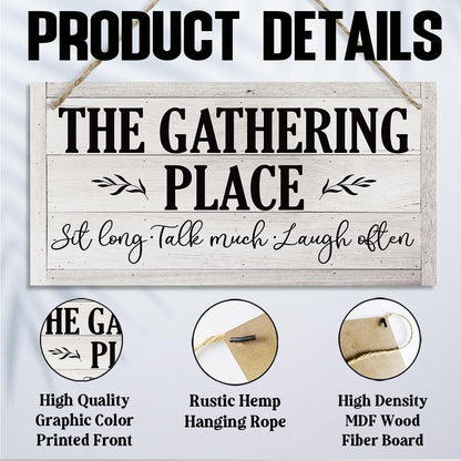 Rustic Farmhouse Hanging Wooden Signs, The Gathering Place Sign, Vintage Dining Room Wall Art, Sit Long, Talk Much, Laugh Often, Printed Wood Wall Art Sign, Retro Wall Plaques, 11.8 * 5.9 in