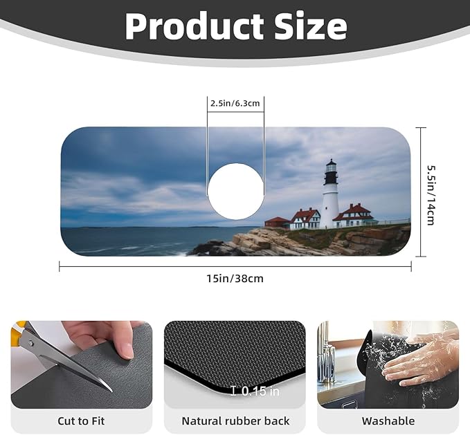 Kitchen Sink Splash Guard Faucet Mat Lighthouse Beach Sky 15"x5.5", Diatom Mat