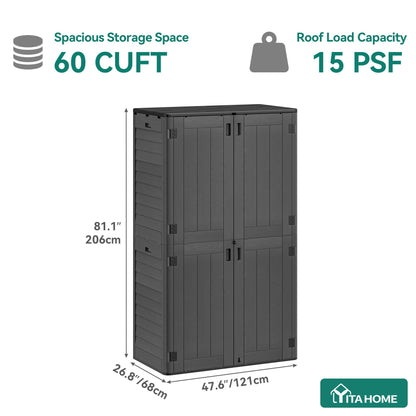 YITAHOME 60 cu ft Tall Outdoor Storage Shed w/o Shelf, Resin Vertical Outdoor Storage Shed, Large Waterproof Storage Cabinet for Garage, Poolside, and Garden (Dark Gray + Black)
