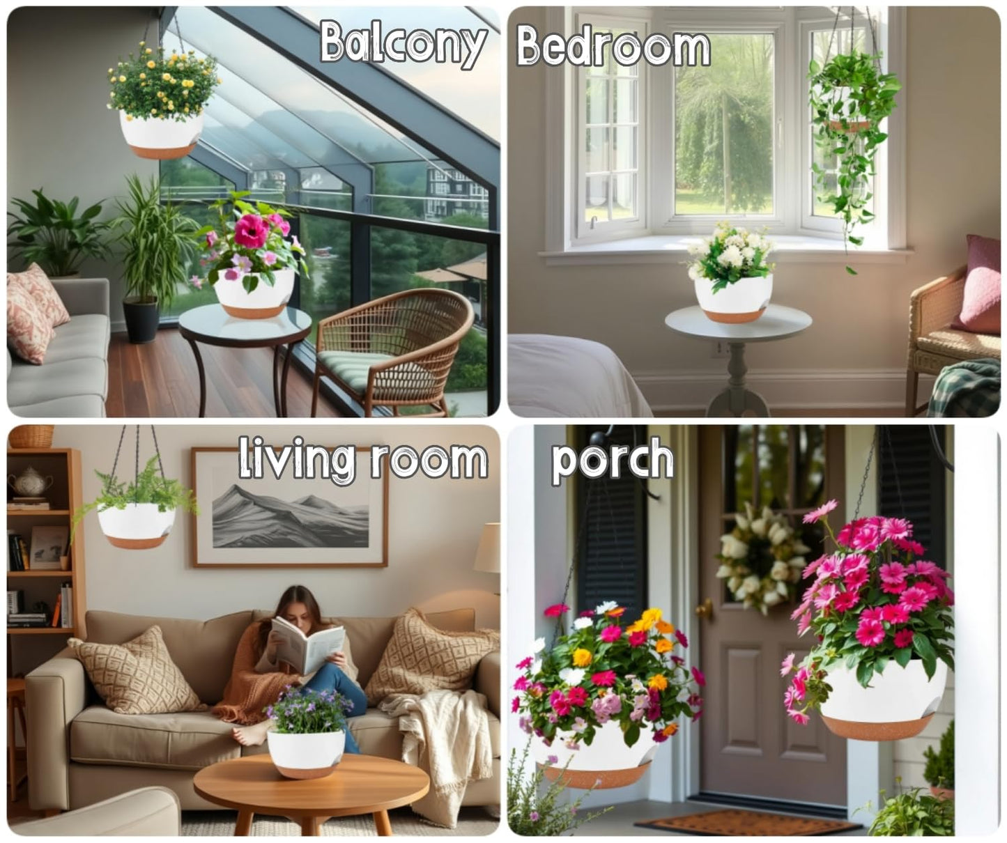 zople 2 Pack 12 Inch Self Watering Hanging Planters for Indoor Plants, Large White Brown Plastic Hanging Pots with Chains for Outdoor Patio Garden Home Decor White Brown