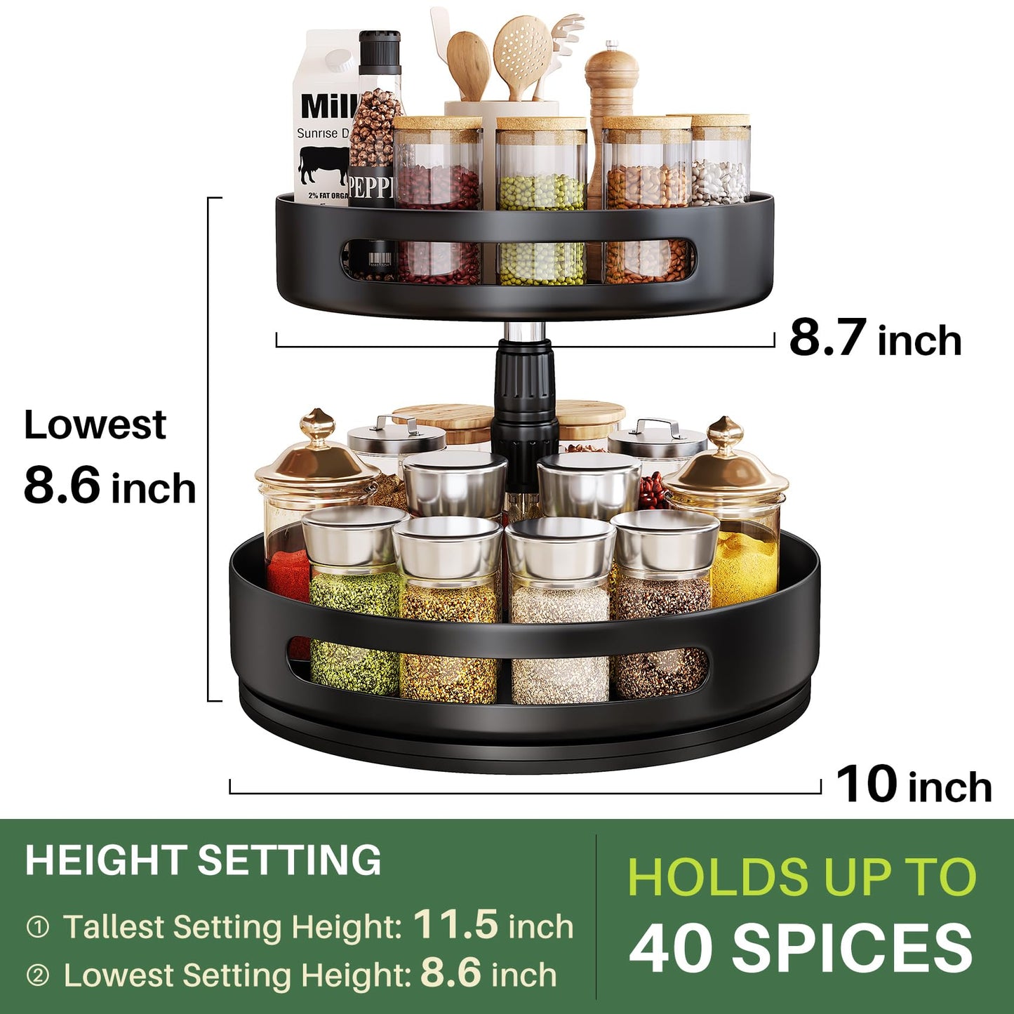 Lazy Susan Organizer Spice Rack - 2 Tier Height Adjustable Spice Organization for Cabinet, Metal Seasoning Organizer Lazy Turntable Spice Organizer for Table Top Pantry Kitchen Storage (10 inch)