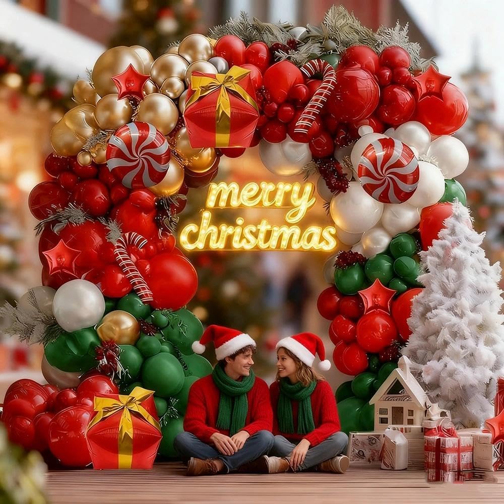 Christmas Balloons Garland Arch Kit, Double Stuffed Dark Green Red Gold Pearl White Balloons for Christmas New Year Xmas Holiday Birthday Party Decorations