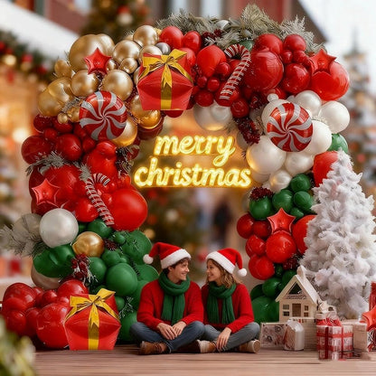 Christmas Balloons Garland Arch Kit, Double Stuffed Dark Green Red Gold Pearl White Balloons for Christmas New Year Xmas Holiday Birthday Party Decorations