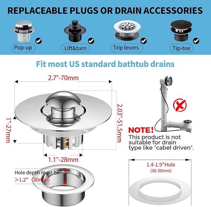 Universal Tub Stopper for Bathroom Sink & Bathtub Drain, 2-in-1 Pop Up Drain