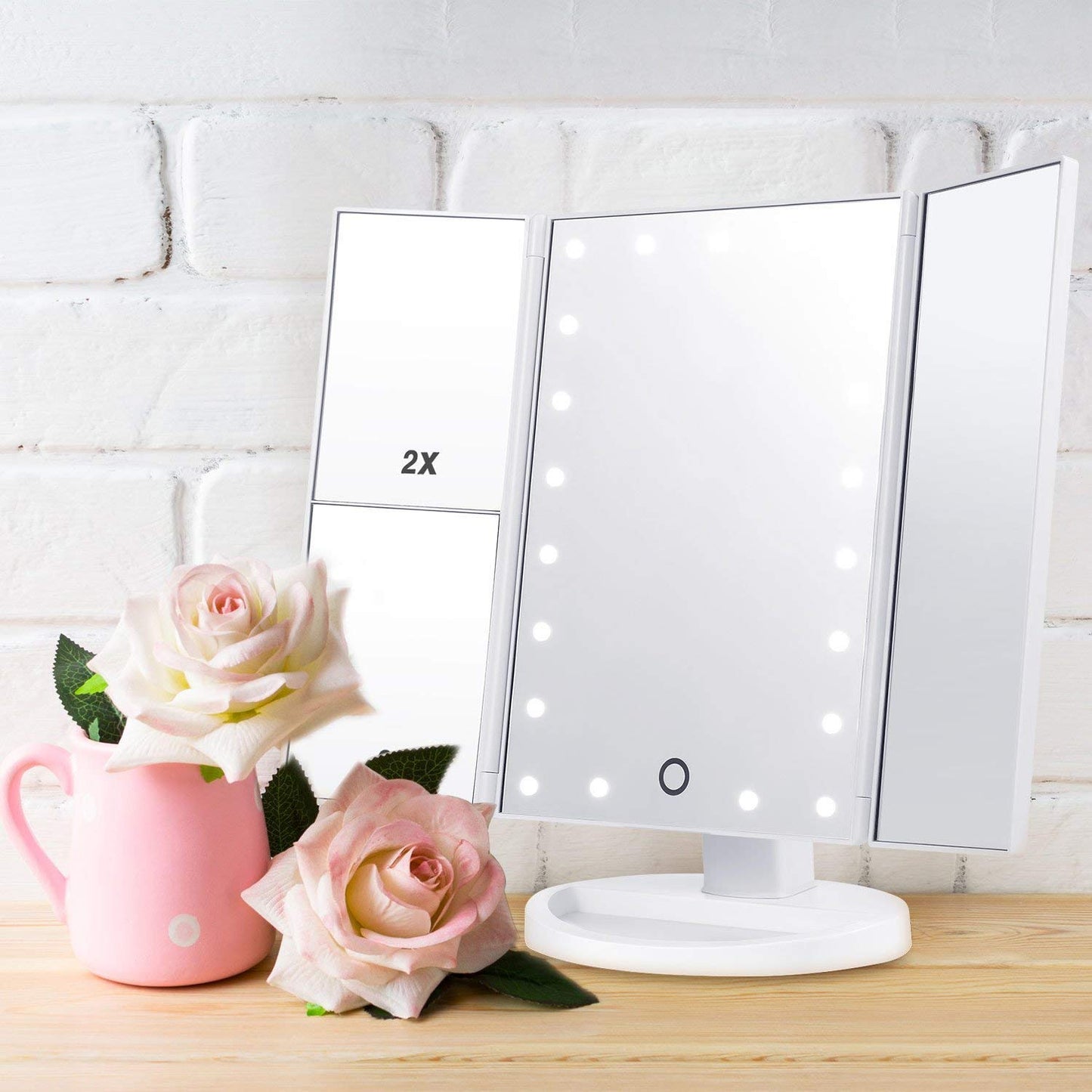 PUVLISZ Vanity Cosmetic/Makeup Mirror with 22 LED Lights, Touch Screen, Magnification Tri-Fold 2X 3X Magnifying, 180° Free Rotation, Dual Power Supply White
