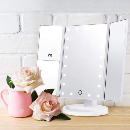 PUVLISZ Vanity Cosmetic/Makeup Mirror with 22 LED Lights, Touch Screen, Magnification Tri-Fold 2X 3X Magnifying, 180° Free Rotation, Dual Power Supply White