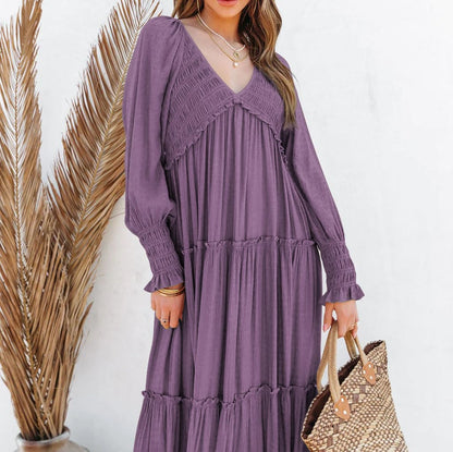 R.Vivimos Maxi Dress for Women Long Sleeve V Neck Empire Waist Layered Ruffle Boho Casual Flowy Long Dresses