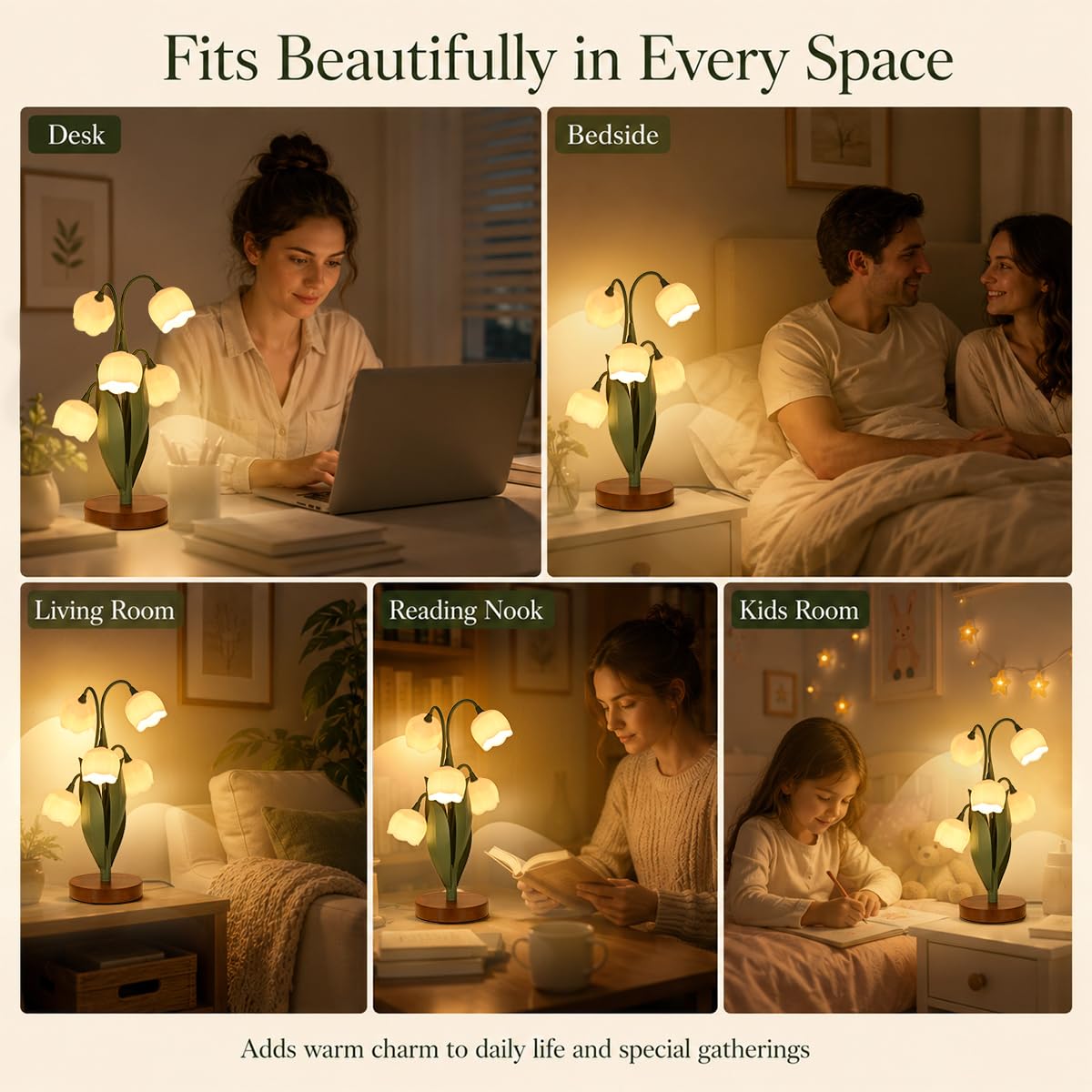 Flower Table Lamp for Bedroom, Cute Flower Reading Light with 5 White Lily of The Valley, Desk Lamp Bedside Lamps for Nightstands Home Decor,Soft Reading Night Light for Bedroom Living Room Office
