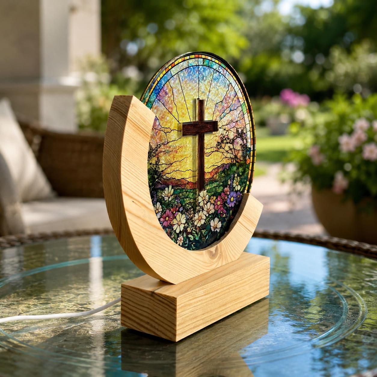 Christian Cross Stained Glass Night Light – Warm LED Glow, USB Powered, Solid Acrylic Plate with Wooden Base – Religious Home Decor Gift for Mom, Women, Christians, Easter, Christmas, Mother's Day