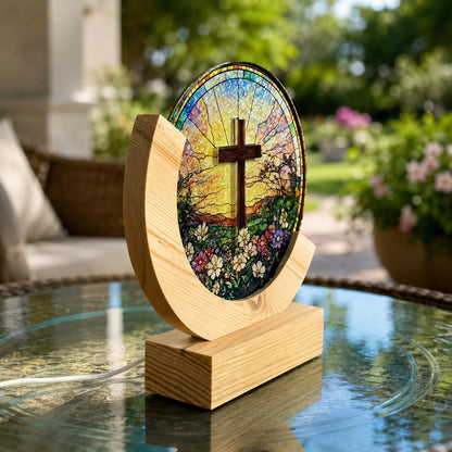 Christian Cross Stained Glass Night Light – Warm LED Glow, USB Powered, Solid Acrylic Plate with Wooden Base – Religious Home Decor Gift for Mom, Women, Christians, Easter, Christmas, Mother's Day