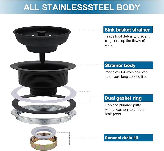 ZM Kitchen Black Sink Stainless Steel Basket Strainer