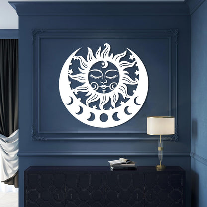 Sun and Moon Metal Wall Decor, Moon Phase Metal Wall Decor, Boho Celestial Wall Art, Celestial Sun Moon Wall Art, Large Sun Face Wall Hanging for Living Room, Outdoor (Black, 38"x35"/96x90cm)
