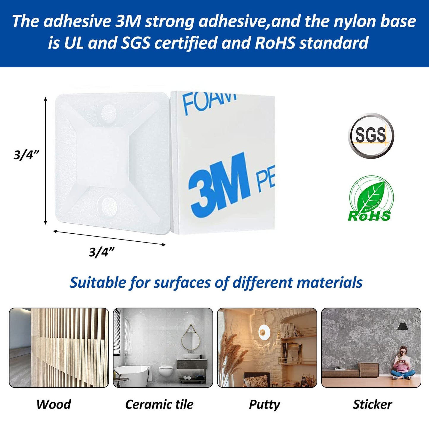 Strong Back-Glue Self Adhesive Cable Zip Tie Mounts Kit - 100 Set Cable Management Clips with 6" Zip Ties, Wire Holders - Outdoor Sticky Wire Organizer Clips - White