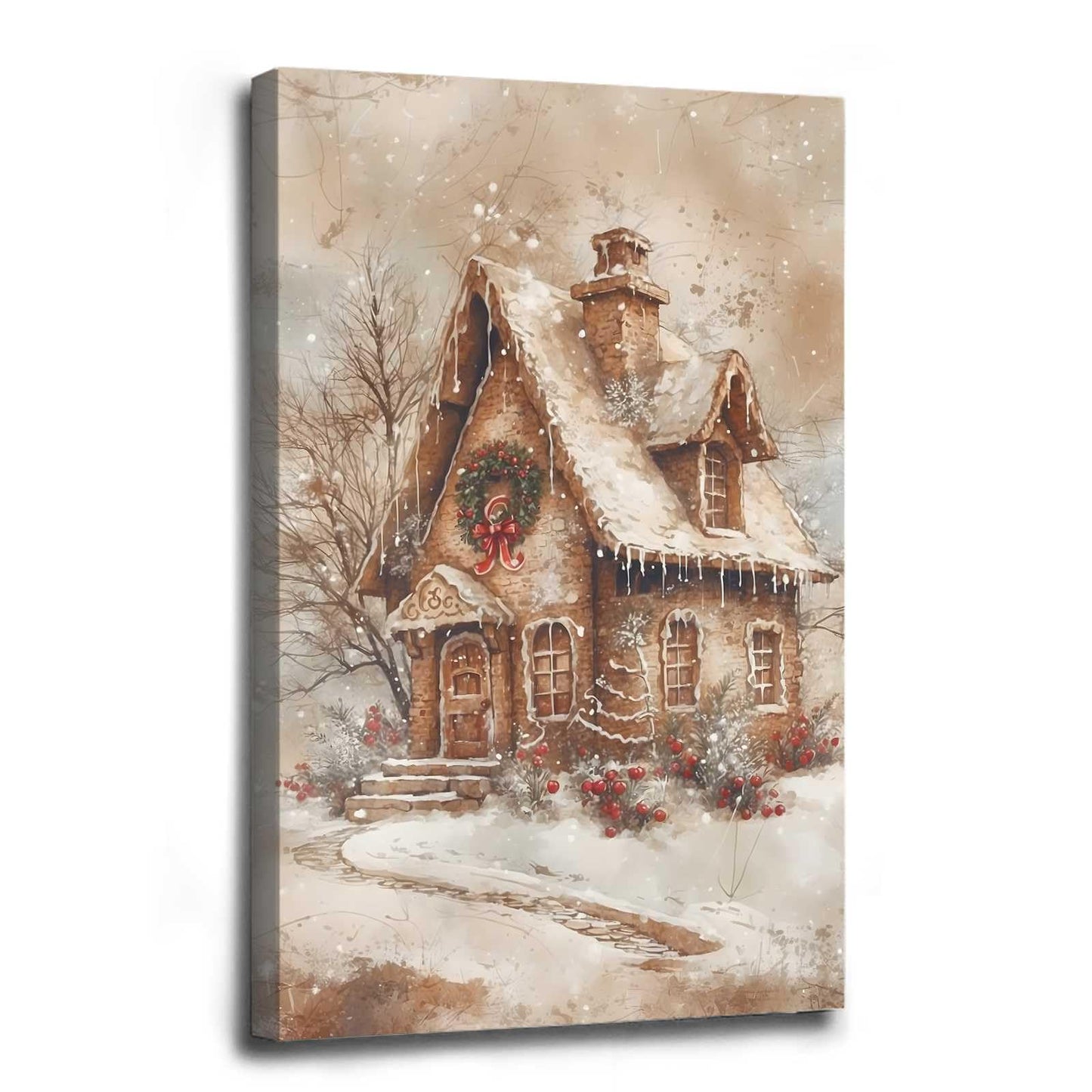 Framed Canvas Wall Art Home decor Winter Gingerbread House Traditional Christmas Print Festive Artwork Wall Decor canvas print poster 8x12in Wood Framed