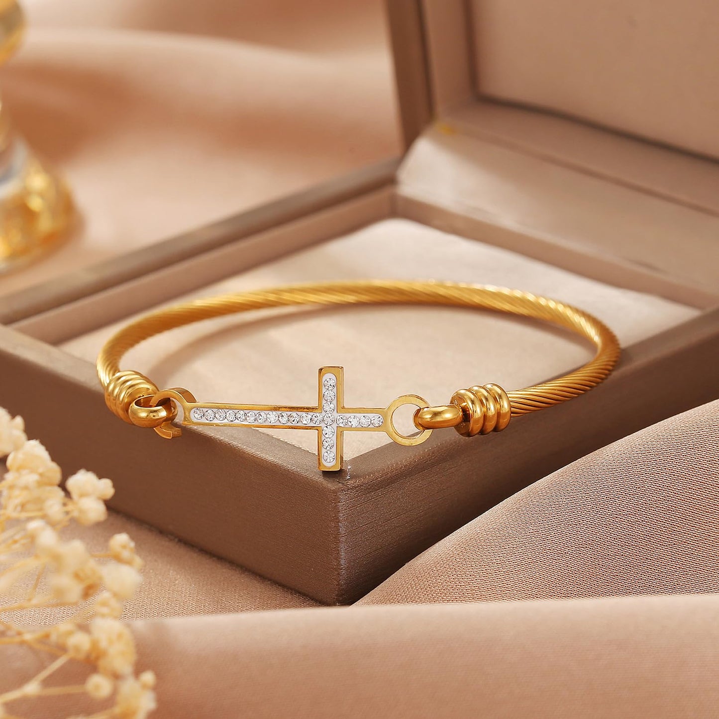 DS Religious Gift for Her Christian Cross Bracelet Bible Verse God is Within Her She Will Not Fall Inspirational Bracelets For Women Stainless Steel Jewelry Gift To Daughter Best Friend (Cross bracelet-Gold 9)