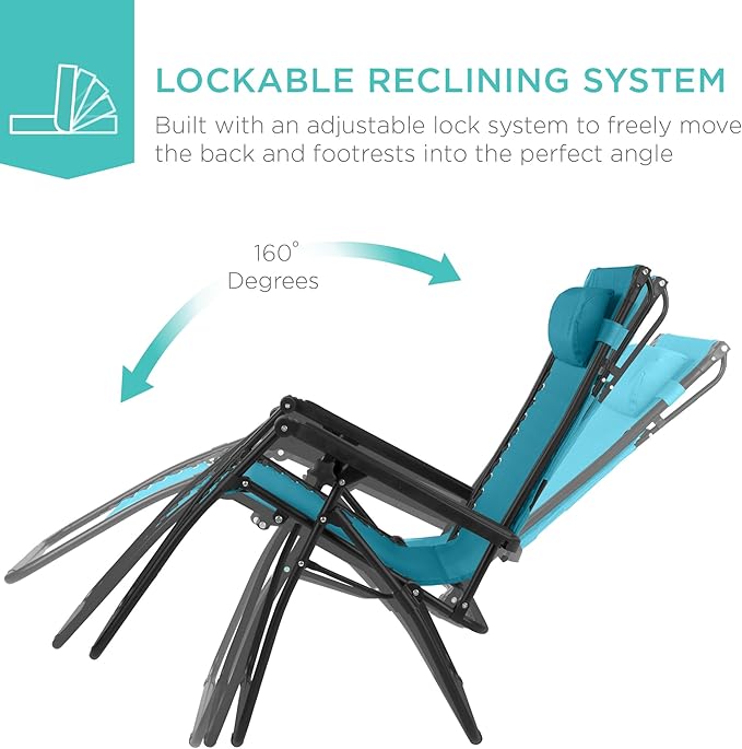 Best Choice Products 30” Wide Folding Zero Gravity Outdoor Recliner Patio Lounge Chair w/Adjustable Canopy Shade, Headrest, Side Accessory Tray - Peacock Blue