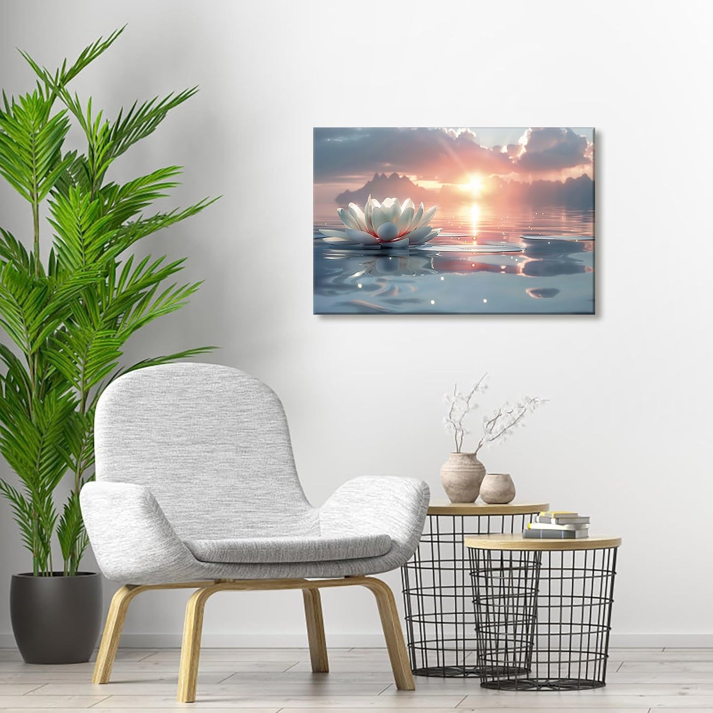 Zen White Lotus Wall Art Sunrise Meditation Canvas Wall Decor Spa Yoga Still Life Painting Prints Relaxing Spiritual Just Breathe Aesthetic Posters Pictures Modern Spiritual Inspiration Framed