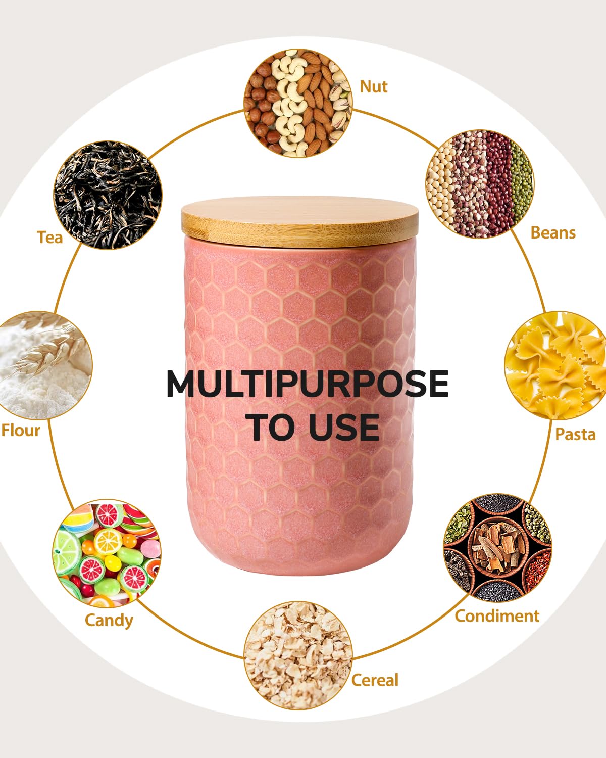ZEBERBO Kitchen Canisters Set with Airtight Bamboo Lid, Pink Honeycomb Design, Ceramic Canister Set of 3, Sugar Flour Coffee Containers for Countertop, Food Storage Container Jars Set