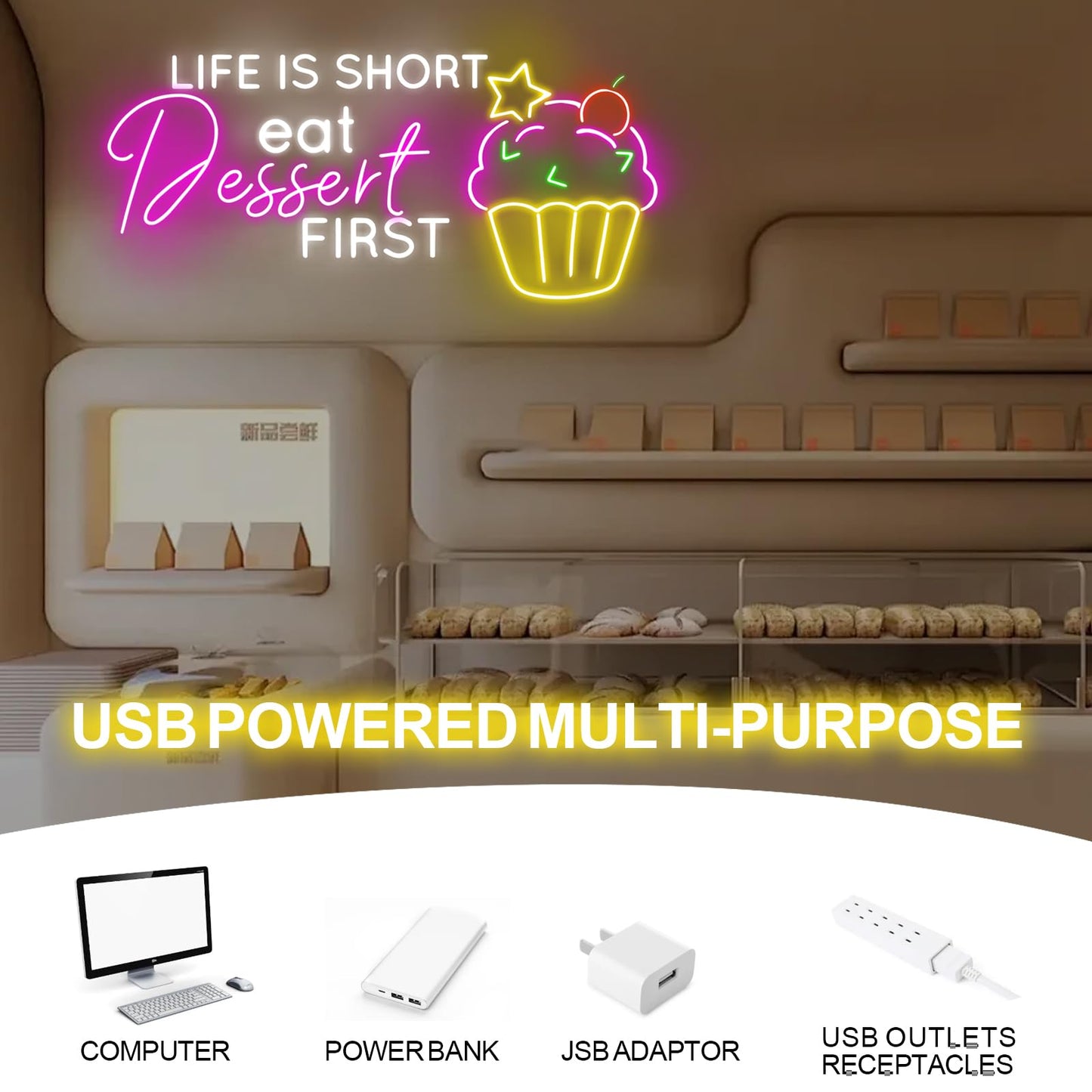 Life Is Short Eat Dessert First Neon Sign, Dessert Cake Store Wall Decor, Cupcake Bakery Led Lights, Strawberry Cake, Tea & Cake Shop, Restaurant Gaming Hotel Shop Club Restaurant, Family Party