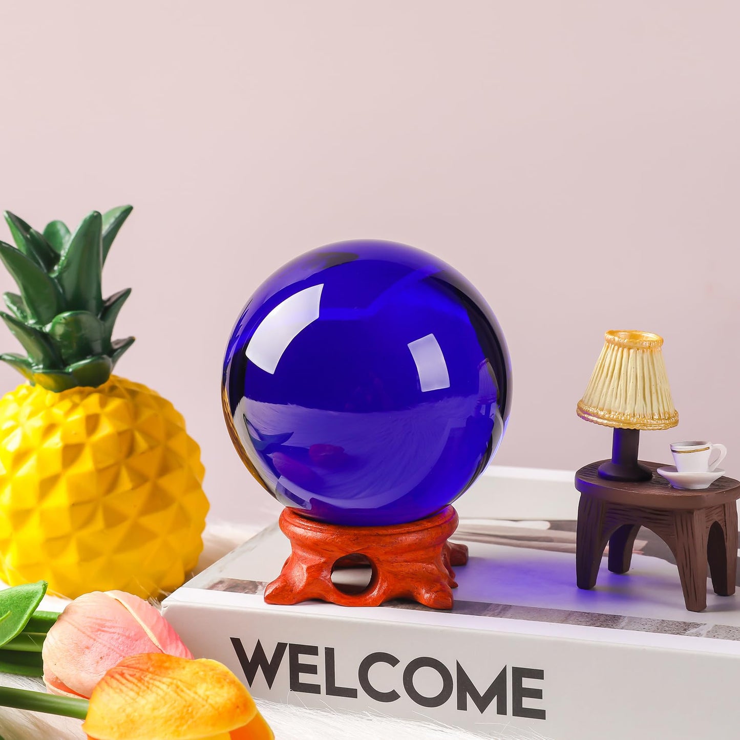 Small Dark Blue Crystal Ball 60mm/2.3 inch with Rose Wooden Stand and Gift Box for lensball Photography,Fortune Teller,Feng Shui, Witchcraft Decor,Scrying,Magic,Glass Orb Prop Decorative Sphere
