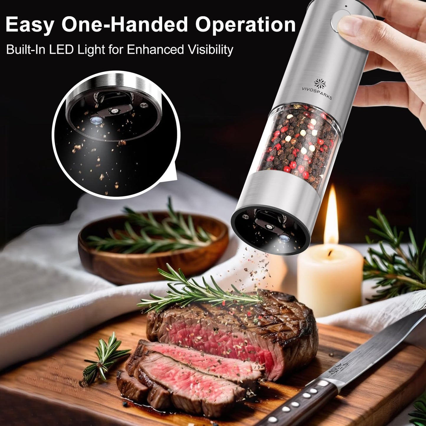 Electric Salt and Pepper Grinder Set, Upgraded 3.2oz (95ml) Large Capacity USB Rechargeable Mill with LED Light & 6 Adjustable Coarseness, Stainless Steel Shaker for Kitchen, BBQ, Gift Giving