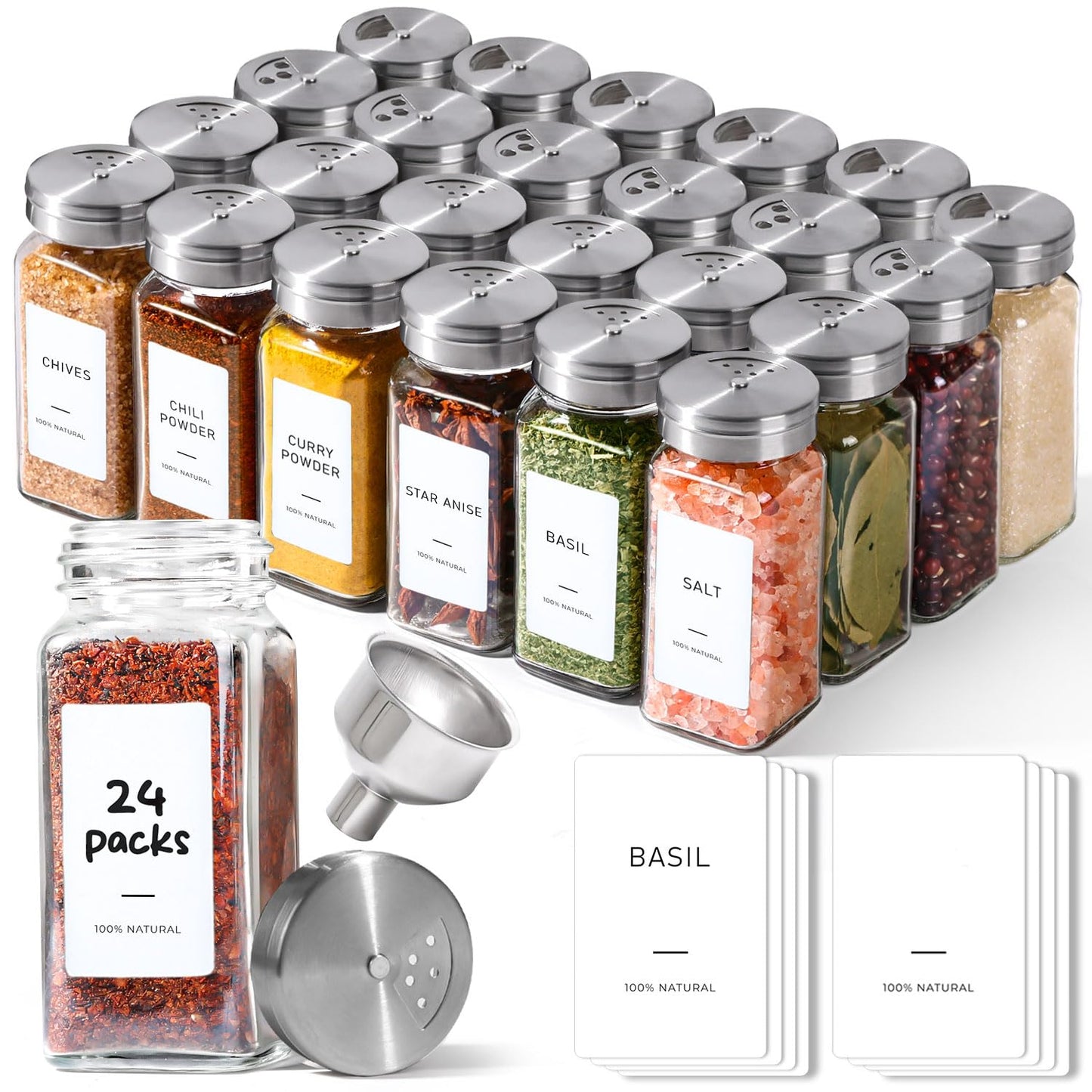 ComSaf Aesthetic Minimalist Spice Jars Set with Adjustable Shaker Lids, 4oz 24PCS Glass Spice Containers with 45 Labels, Square Condiment Jars for Kitchen Organization, Salt and Pepper Seasoning Set