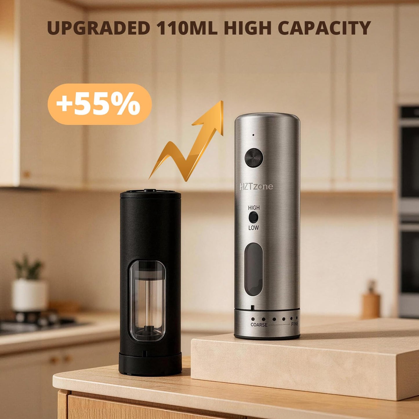 Electric Salt and Pepper Grinder Set with Charging Base, Rechargeable, 6 Coarseness Levels, 2 Speeds, LED Light, One-Touch Operation, Arthritis Friendly, Rust-Free Ceramic Core, Dust Caps, 2 Grinders