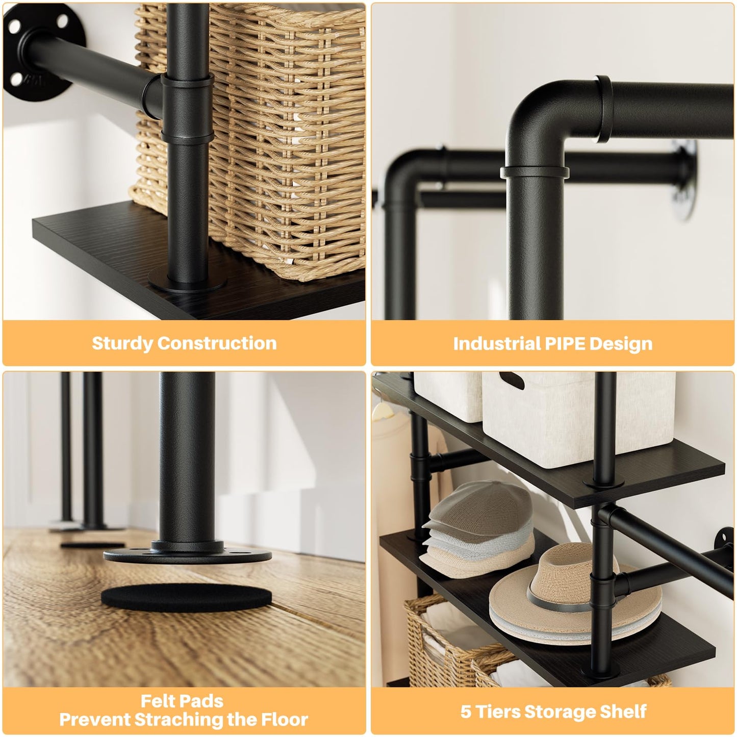 Aheaplus Industrial Pipe Clothing Rack, Reversible 6.42FT Clothes Rack for Hanging Clothes, Heavy Duty 5-Tier Closet Wardrobe Garment Racks with Shelves, Corner Closet Organizer System, Black