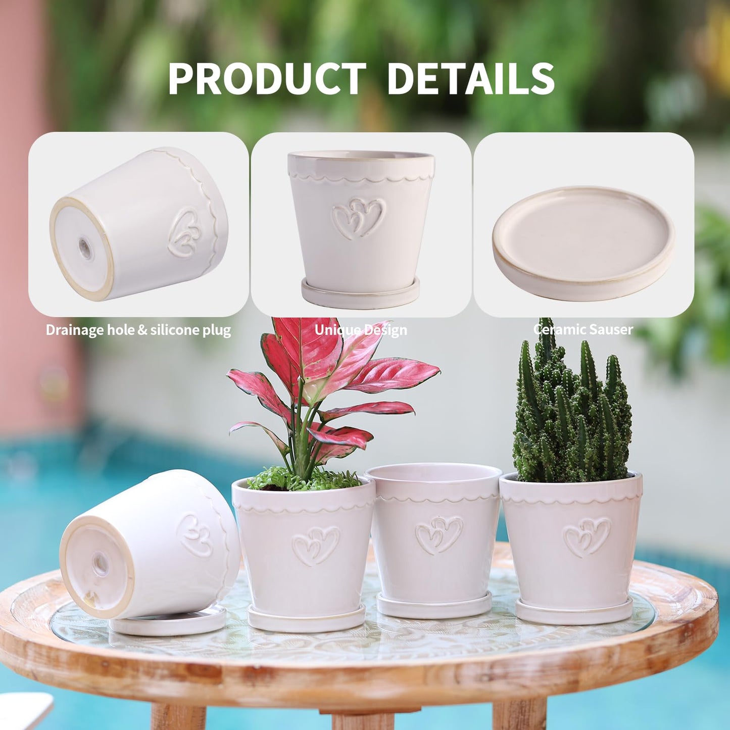 BABALIU 4.5 Inch Ceramic Planter Pots with Saucers, Cylinder Flower Pot with Drainage Holes for Indoor and Outdoor Plants, Succulent Orchid Little Snake Plants, Set of 4, White
