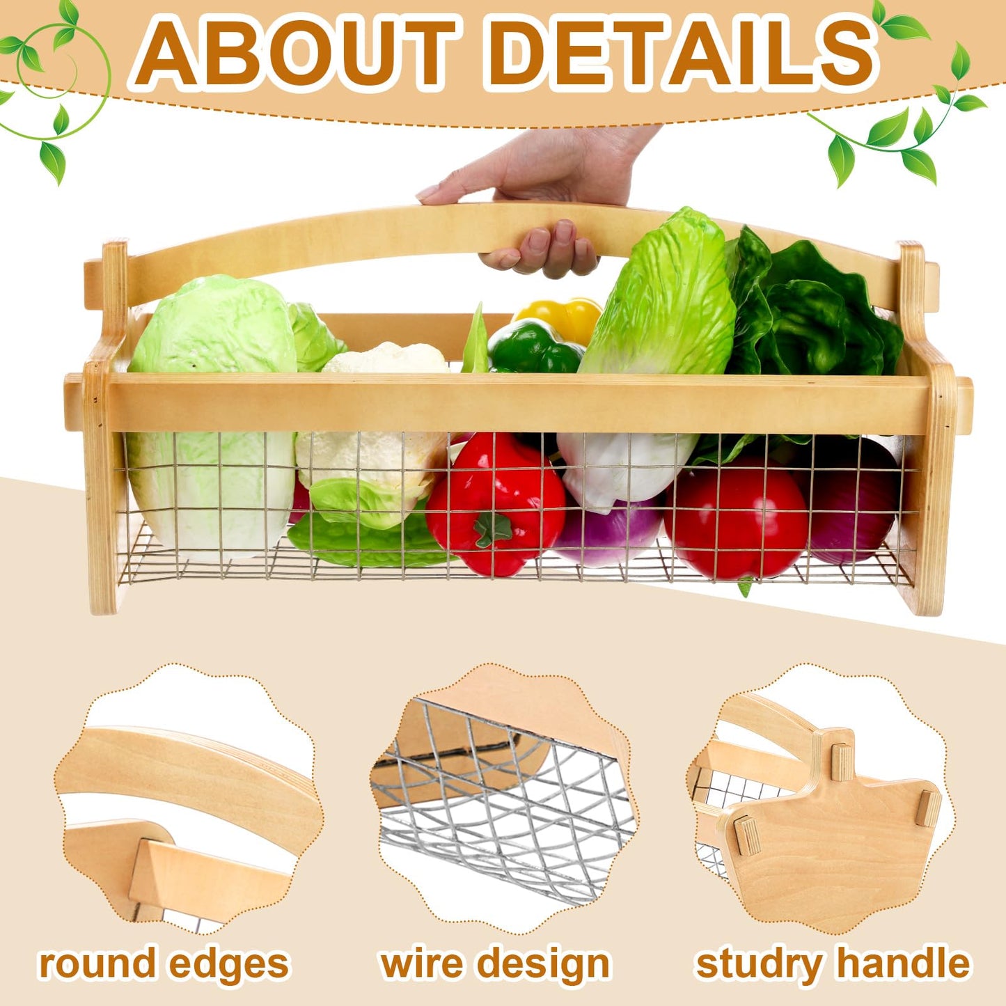 Teenyyou Large Garden Hod Harvest Basket 19 x 11 x 6 Inch, Wooden Gathering Basket with Handle Wire Mesh for Gardening Christmas Gardener Gifts Outdoor Picking Washing Holding Fruits Vegetables