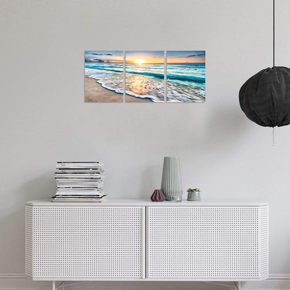 TutuBeer 3 Panel Beach Canvas Wall Art for Home Decor Blue Sea Sunset White Beach Painting the Picture Print on Canvas Seascape the Pictures for Home Decor Decoration,Ready to Hang