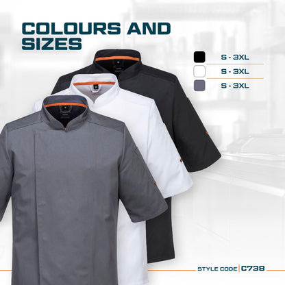Portwest C738 Men's Mesh Air Pro Chef Jacket Short Sleeve Breathable Durable Slim Fit Texpel Finish Workwear Apron with Sleeve Pocket Machine Washable, White, XL
