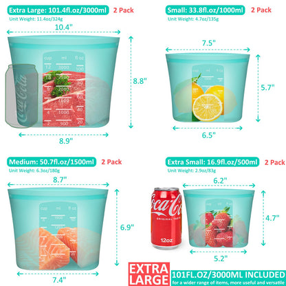 Reusable Food Bags, 12 Pack 100% Silicone Food Storage Bags Stand Up Zip Lock Container, Freezer Microwave Oven Dishwasher Safe, 4 Medium 4 Small 4 Extra Small, Aqua