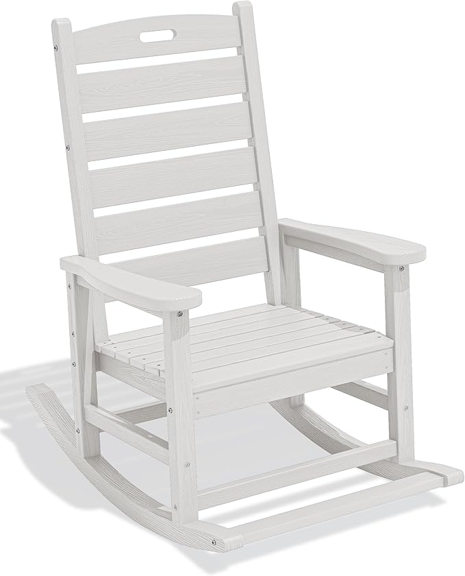SERWALL HDPE Outdoor Rocking Chair, Oversized Rocking Chair with Footboard, High Back Porch Rocker Chair with 350lbs Support, White