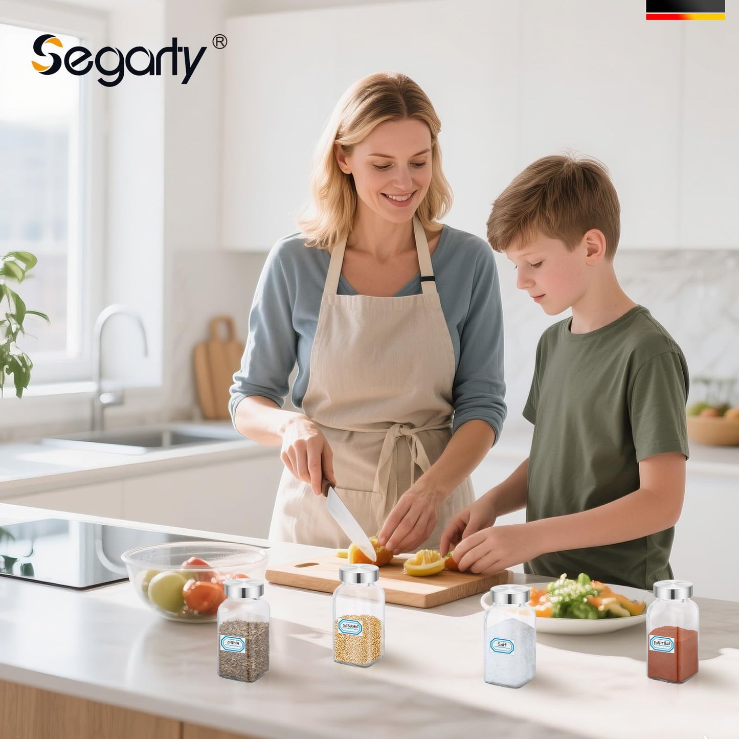 Segarty 6oz Spices Bottle with Stainless Steel Shaker Lids, 3 PCS 180ml Square Spice Containers, Empty Seasoning Organizer for Salt Pepper Sugar Herb Storage, Large Glass Jars with 7 Stickers, 1 Brush