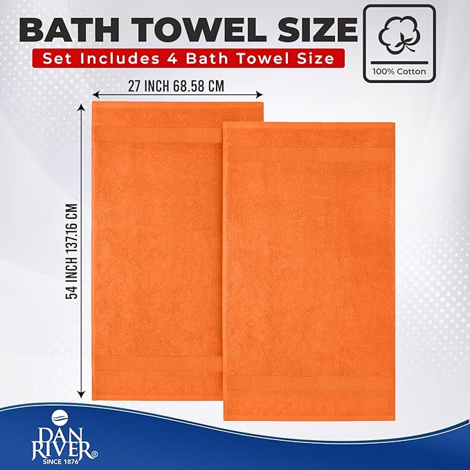 DAN RIVER Bath Towels Set of 4, 27 x 54 Inches, 100% Cotton, Larger & Lighter