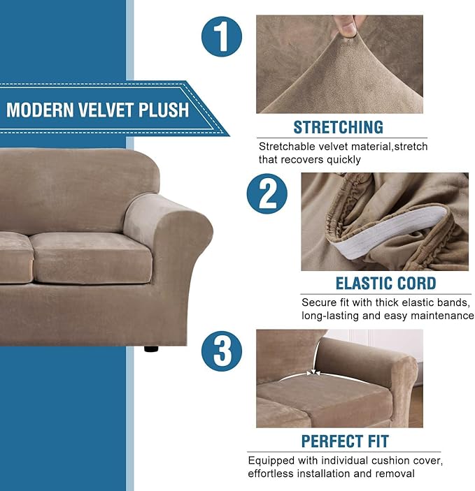 H.VERSAILTEX Real Velvet Plush 3 Piece Stretch Sofa Covers Couch Covers