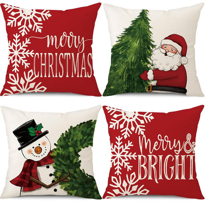 PSDWETS Merry Christmas Pillow Covers 18x18 Set of 4 Christmas Decorations Snowman Santa Claus Wreath Christmas Tree Winter Holiday Decor Throw Cushion Case for Home Couch