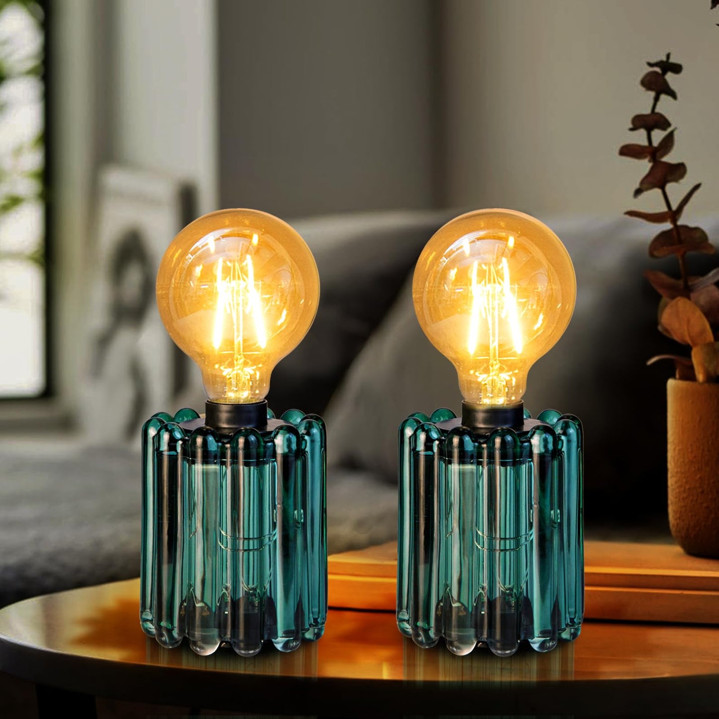 Set of 2 Battery Operated Table Lamp, Battery Powered Cordless Lamp with Timer, Glass Bulb Shape Decorative Lights for Living Room Bedroom Weddings Parties Patio Events Indoors Outdoors（Loden Frost）