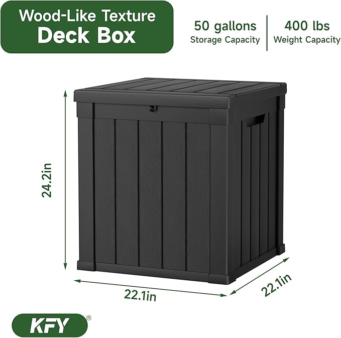 50 gallon deck box,All-weather resin material outdoorstorage box easy to install and portable,Suitable for indoor and outdoor scenes (black)