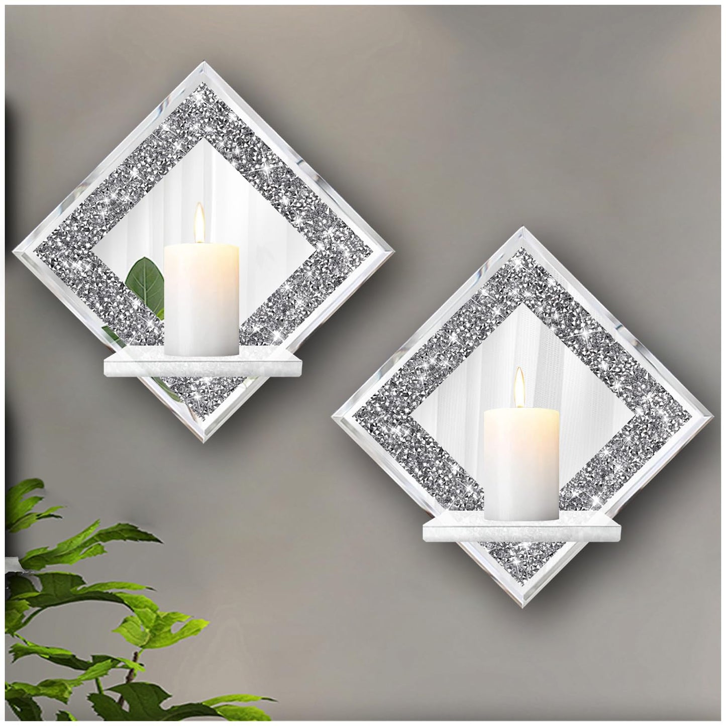 ZOLAPI Crystal Crush Diamond Wall Candle Holder Set of 2, Diamond Silver Mirrored Candle Sconces, Home Wall Decoration for Living Room, Dining Room & Bedroom.