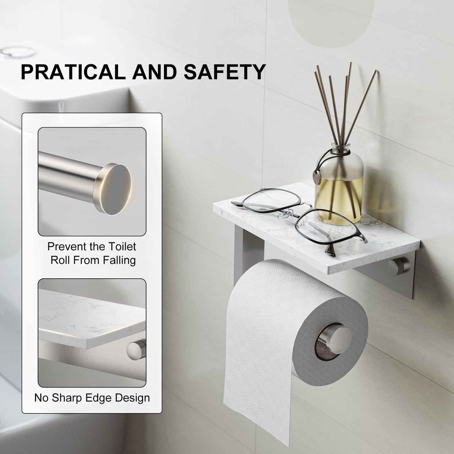 BATHLAVISH Toilet Paper Holder with Marble Shelf, 304 Stainless Steel Tissue Hand Holder Wall Mounted Toilet Paper Roll Hold with Phone Shelf for Bathroom Kitchen Washroom Bedroom, Brushed Nickel