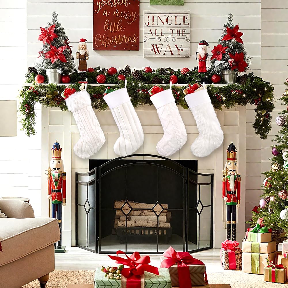 Teeanzo 4 Pcs Christmas Plush Stockings 18 Inch Large Snow White Faux Fur Xmas Stocking with 4 Styles Textured Patterns Holiday Classic Hanging Ornaments Socks for Xmas Home Party Fireplace Decor