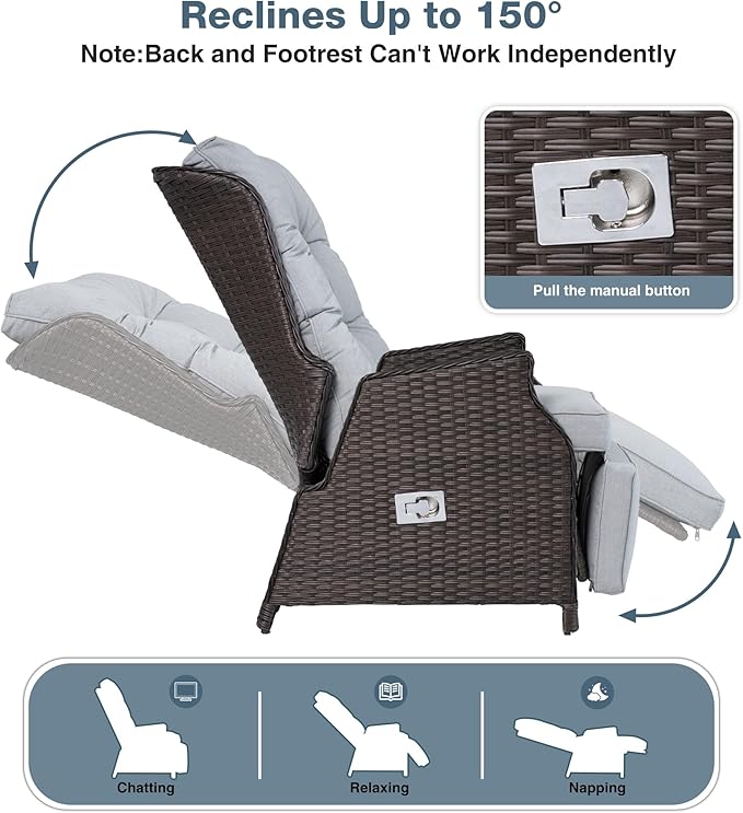 Outdoor Indoor Wicker Recliner with Adjustable Back and Footrest, Patio Reclining Chair with Flip-up Table, Outdoor Rattan Lounge Chair, Light Grey