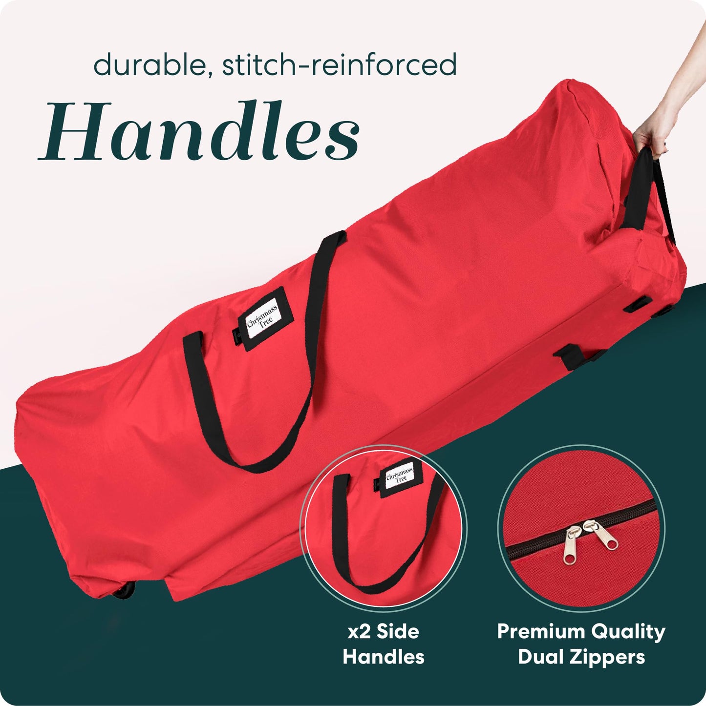 Handy Laundry Christmas Tree Storage Bag with Wheels – Fits 9 Ft Artificial Tree, Heavy Duty, Waterproof, Large Zippered Holiday Storage Container, Durable Handles, Red